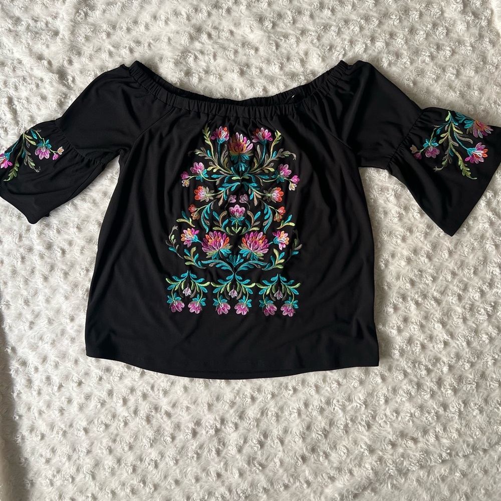Black off shoulder blouse with beautiful flower details